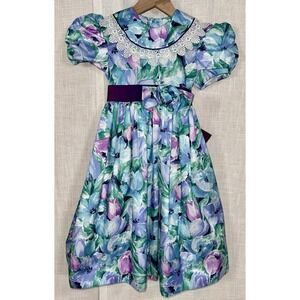 Vtg 90s Jayne Copeland Girls Floral Print‎ Party Dress Puff Sleeve Size 6 Flower